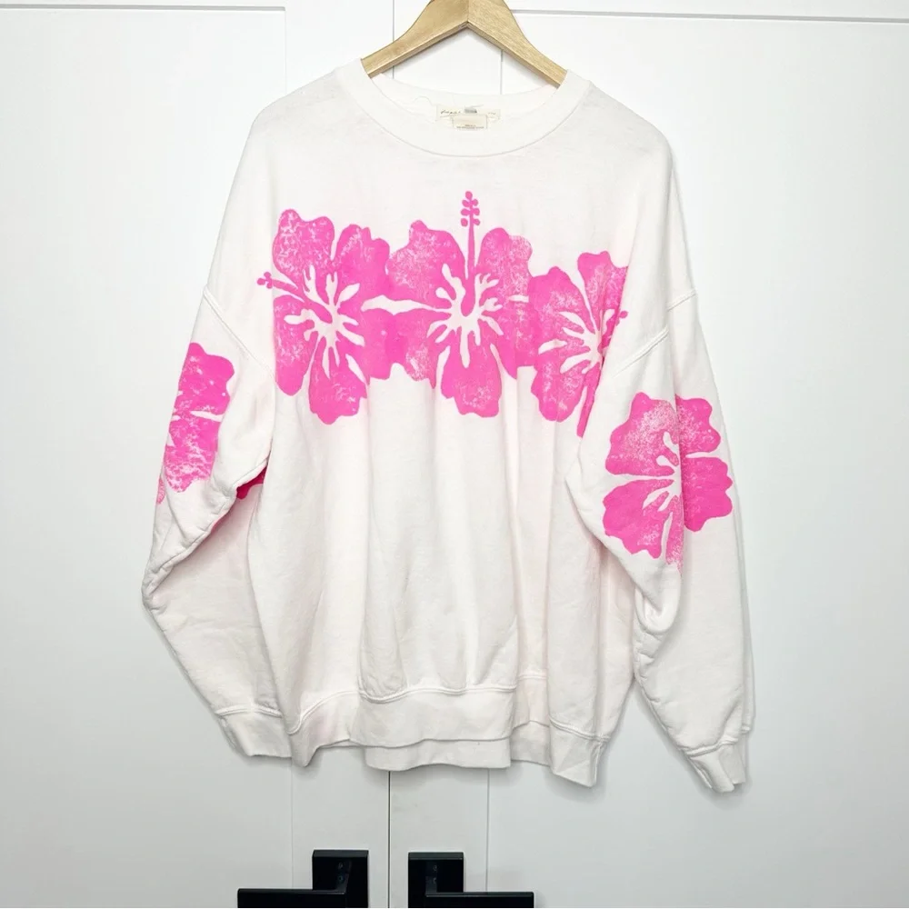 Free People x Tricia Fix Hibiscus Crew Sweatshirt Large hot pink floral Hawaiian - Picture 4 of 9